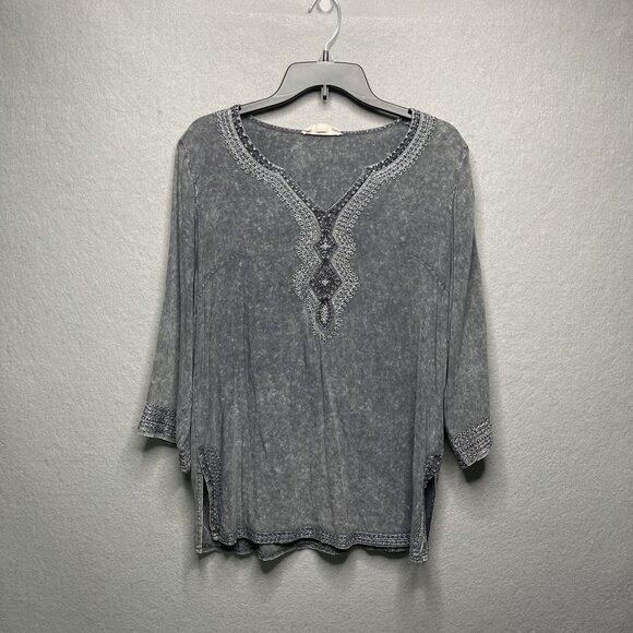 Luna Moon Tops - Luna Moon Embroidered Gray Tunic Top Small 3/4 Sleeve Boho Style